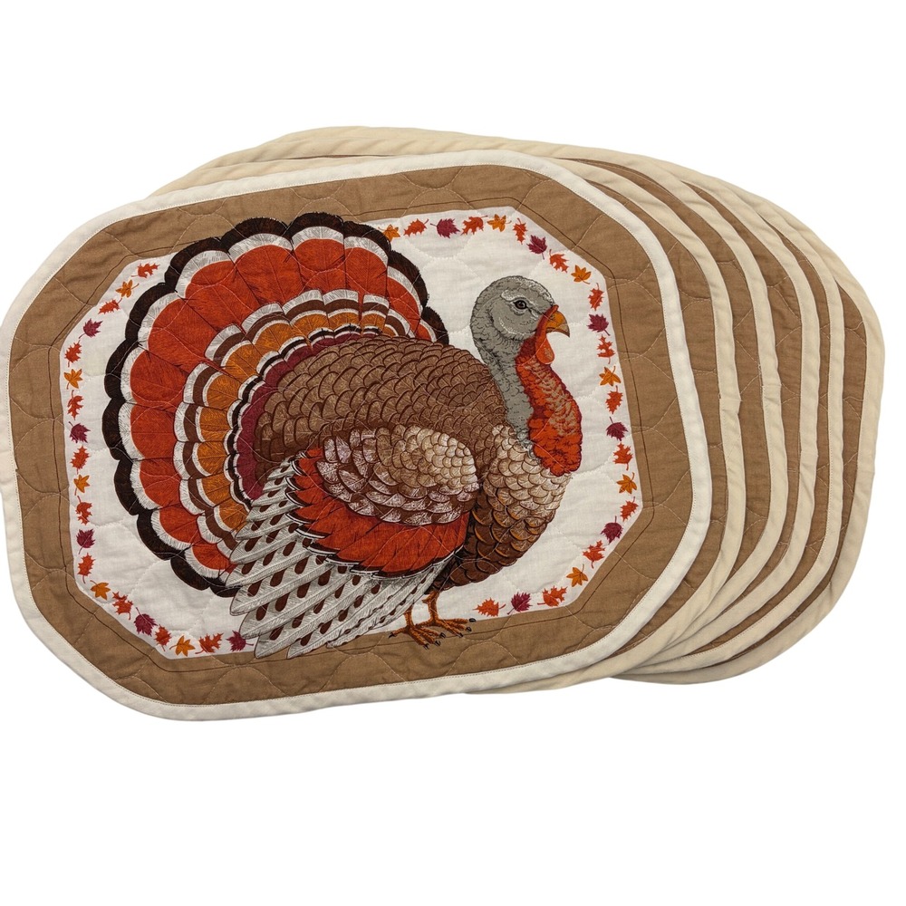 Set of 6 Vintage Quilted Thanksgiving Turkey Placemats Fall Holiday Table Decor